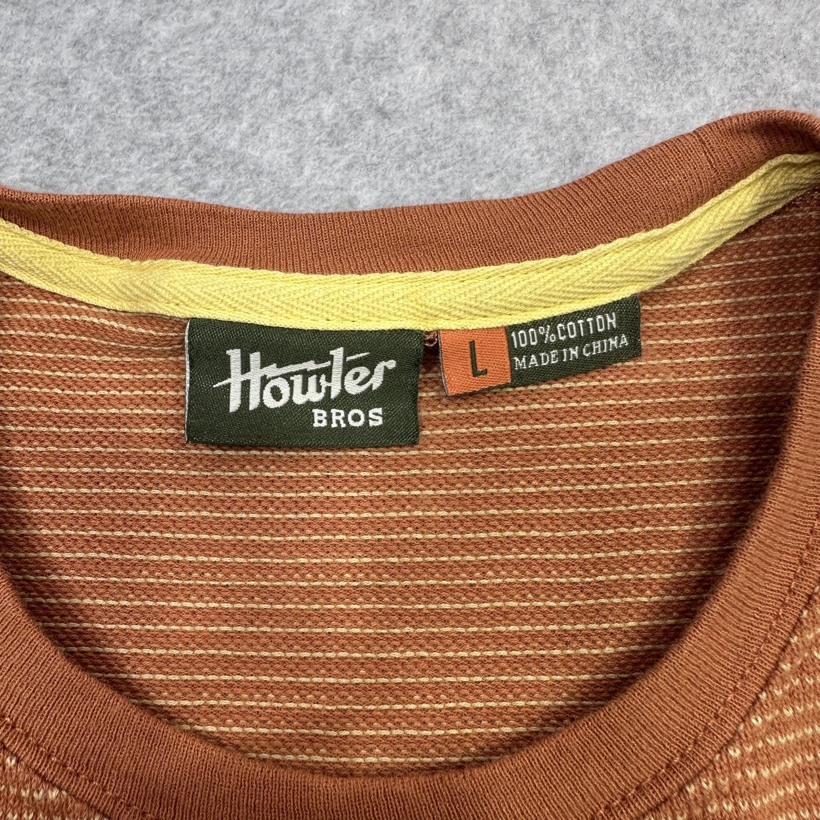 Howler Brothers Shirt Mens Large Orange Striped Textured Pocket Patch Tee gallery