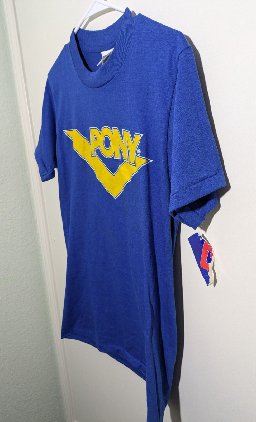 Vintage PONY Mark of the Chevron T-Shirt Medium Blue Yellow deadstock NWT 90s gallery