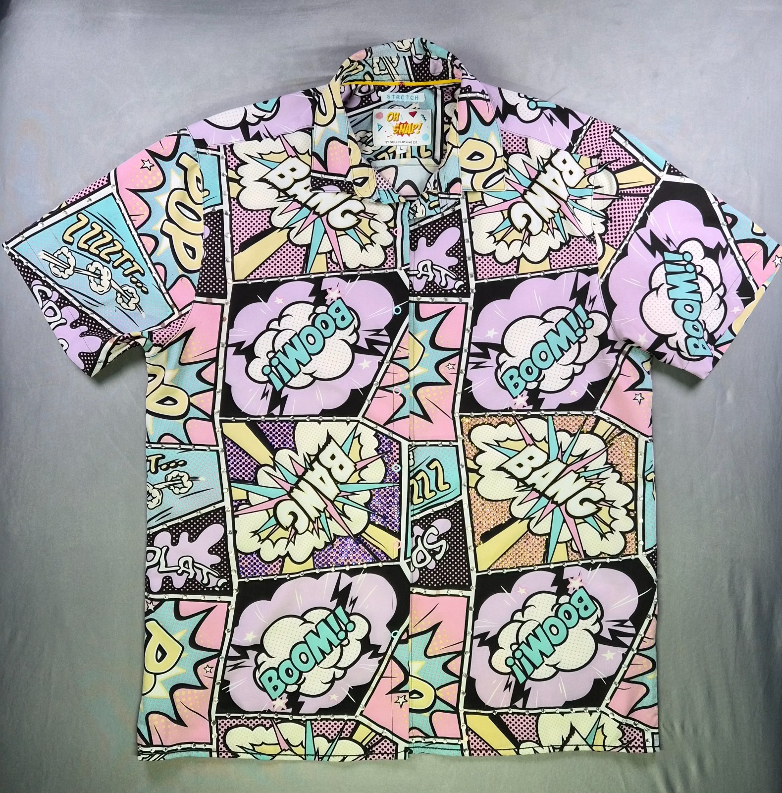 NWOT OH SNAP MENS SHIRT COMIC RHINESTONE STRETCH L MULTICOLOR - RAVE DANCE PARTY gallery