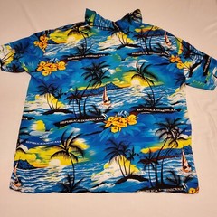 Dominican Caribbean Tropical Button Palm Tree Island Floral Shirt Yellow & Blue