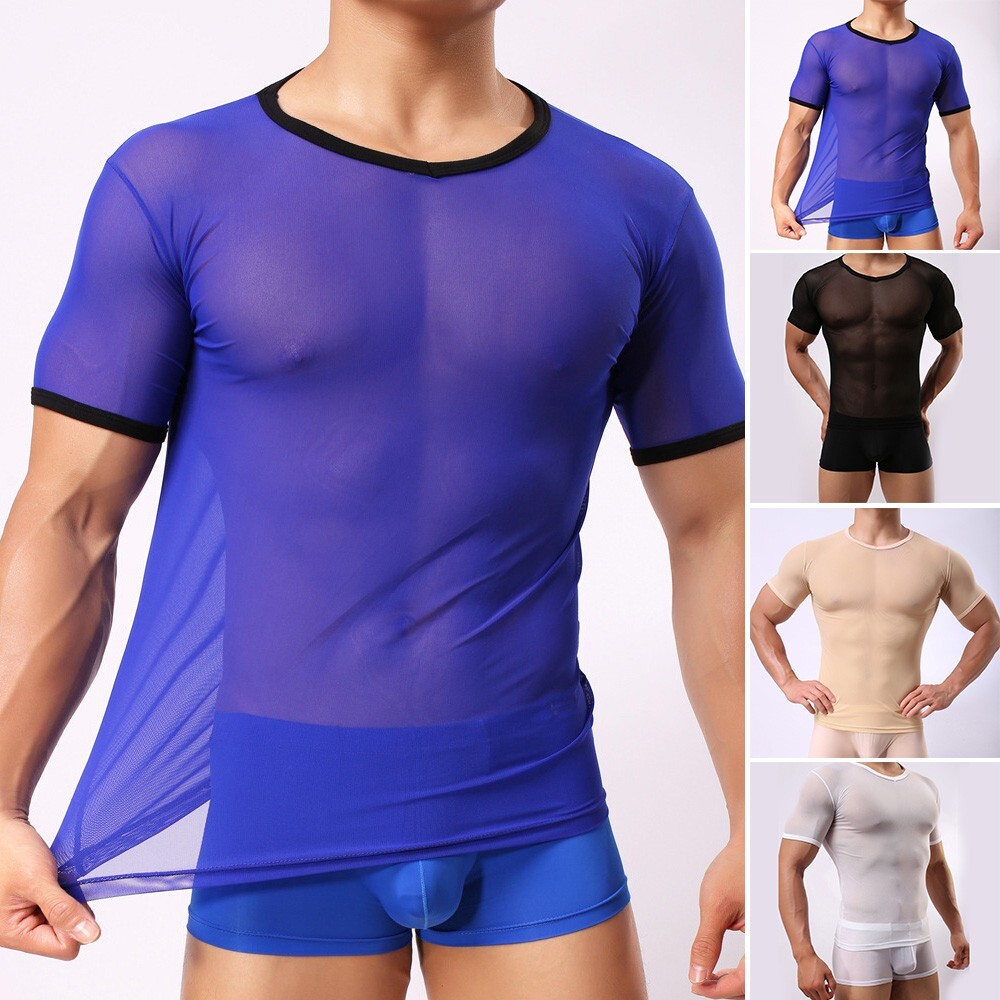 Fit T-Shirt Men Short Sleeve Top Tee Gym Stylish Short Sleeve Mesh Sheer Muscle gallery