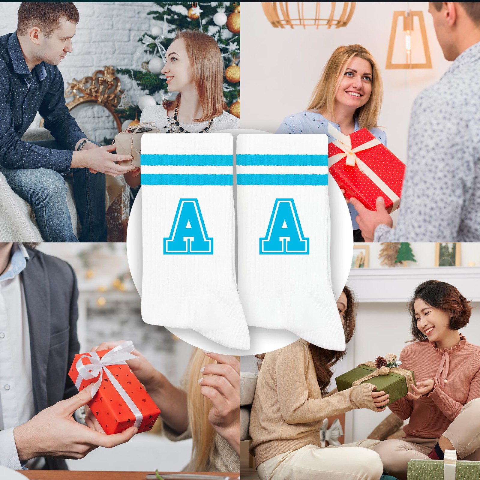 Sky Blue Initial Stripes Socks with Letter A, Retro Athletic Style Socks, Per... gallery