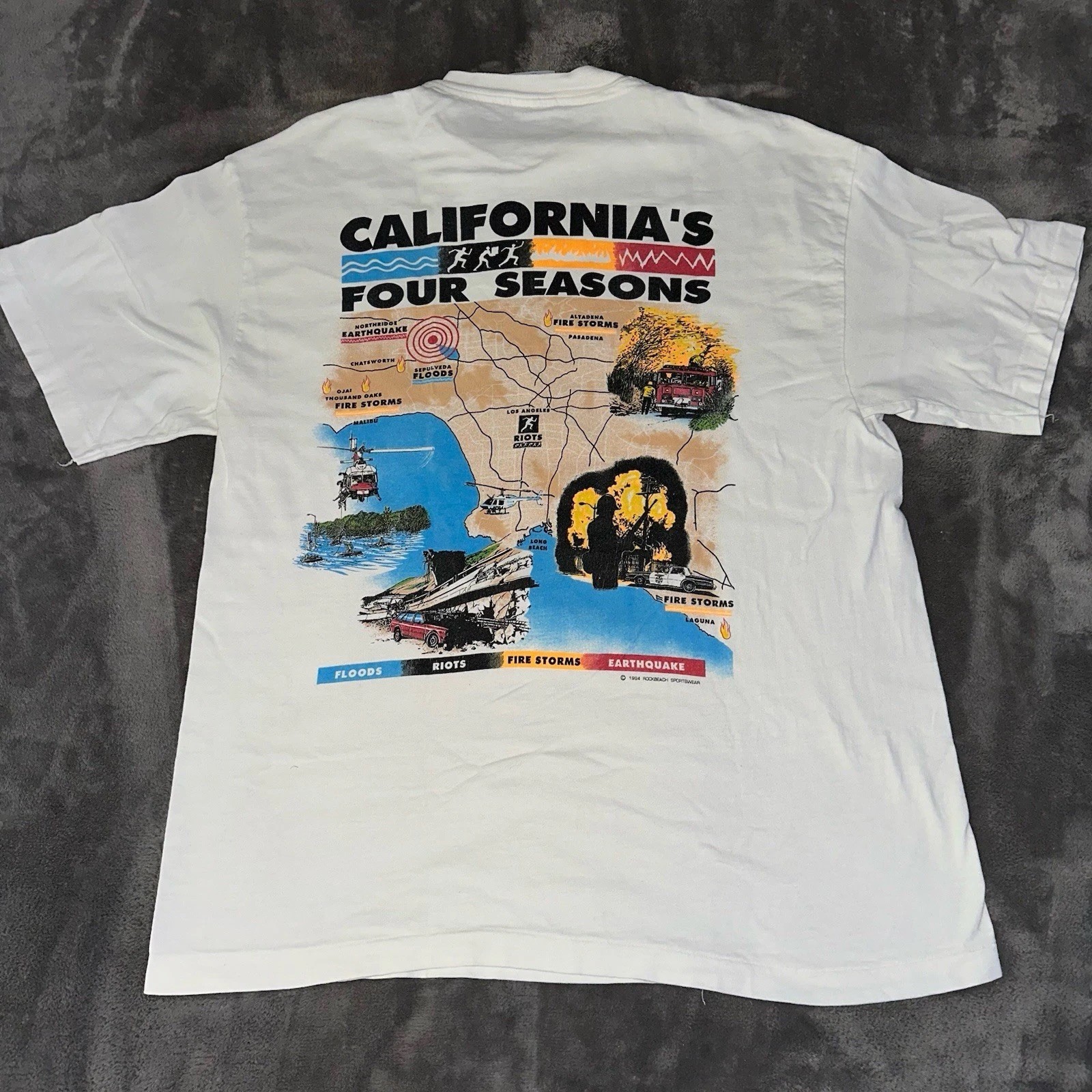 VTG 1994 California Four Seasons White Shirt Size L Single Stitch Floods Riots gallery