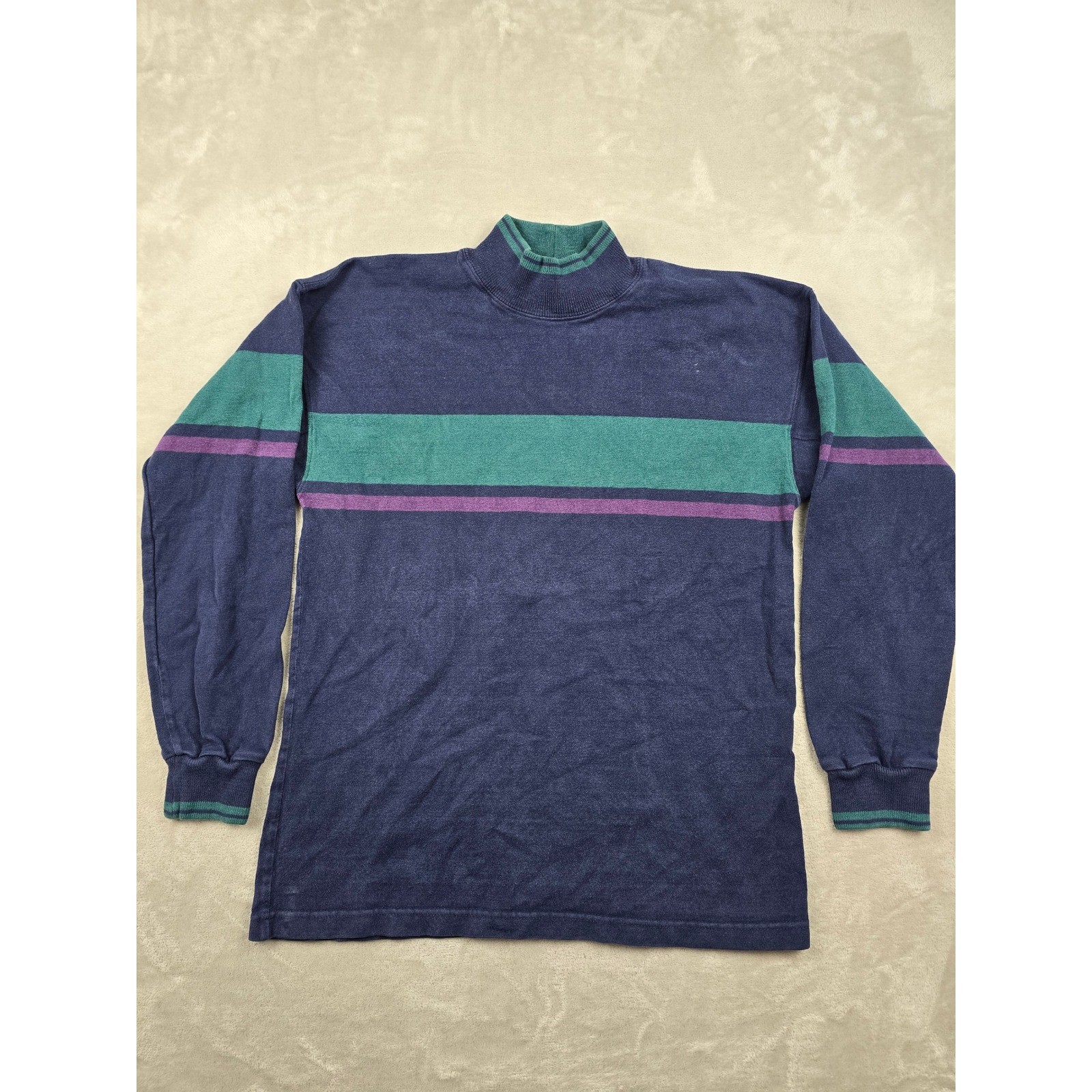 Vintage L.L. Bean Mock Neck Shirt Mens M Blue Striped Long Sleeve Made in USA gallery