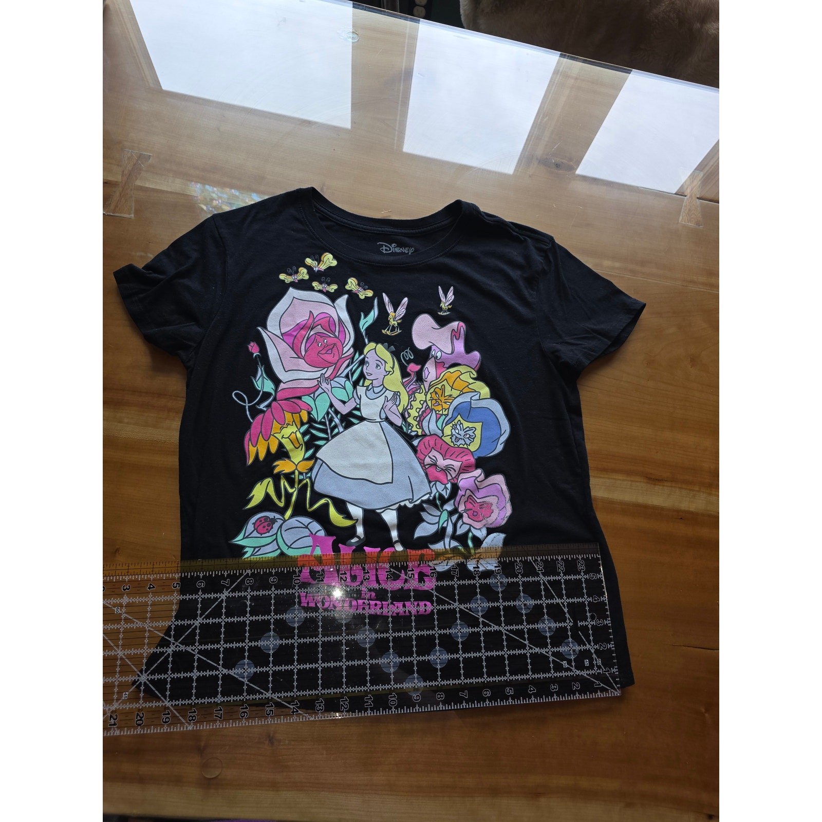 Disney Alice in Wonderland Women's XL Black Graphic T-Shirt Floral Garden Tee gallery