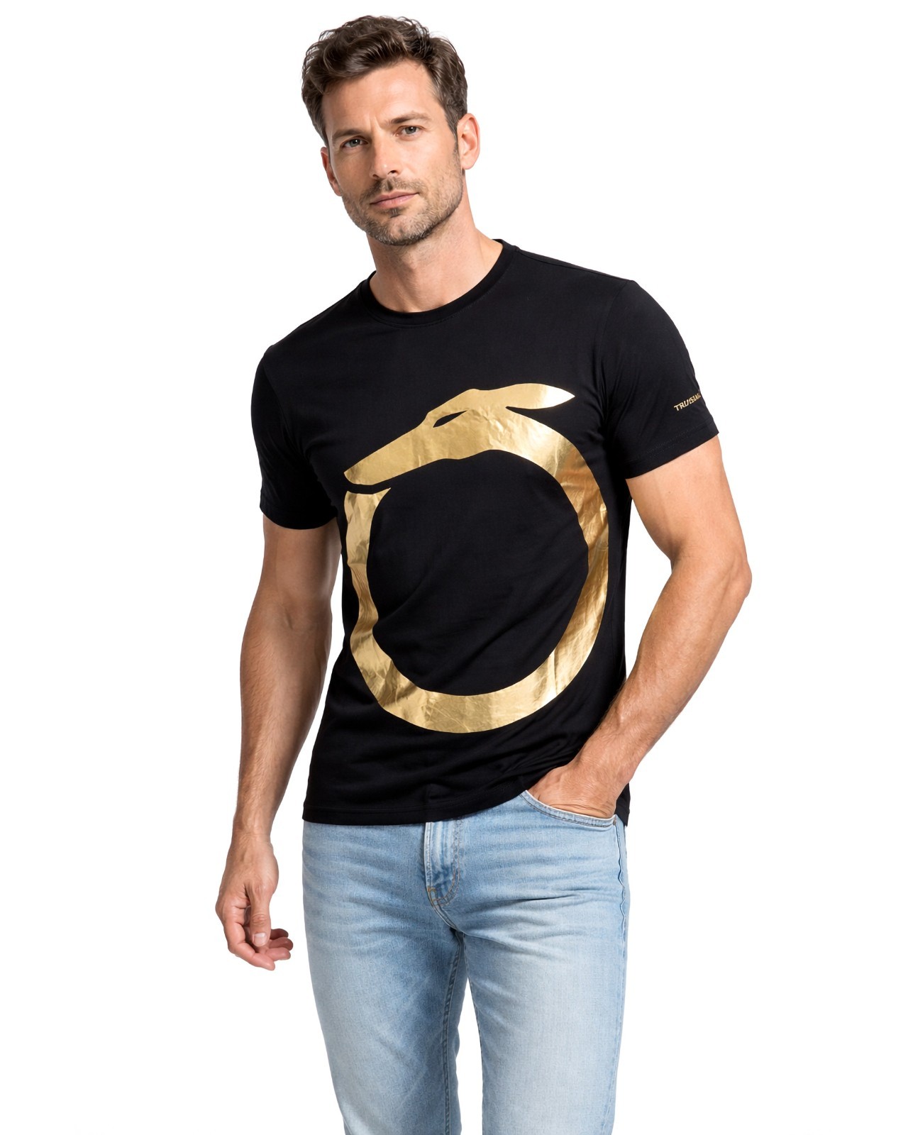 NWT TRUSSARDI Milano T-SHIRT crewneck cotton black gold luxury Italy L gallery