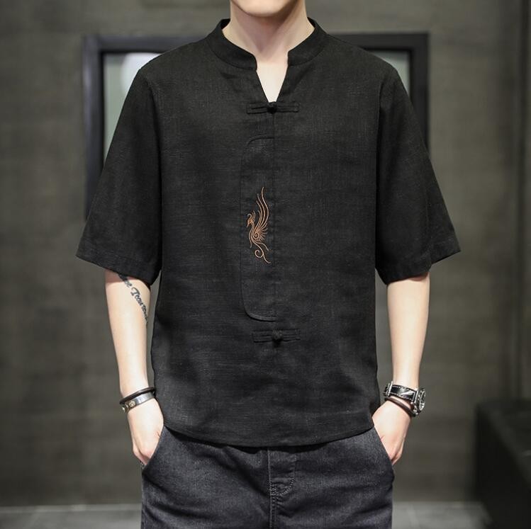 New Summer Men's embroidery Tops Cotton Linen buckle T-Shirts Casual Tang Suit gallery