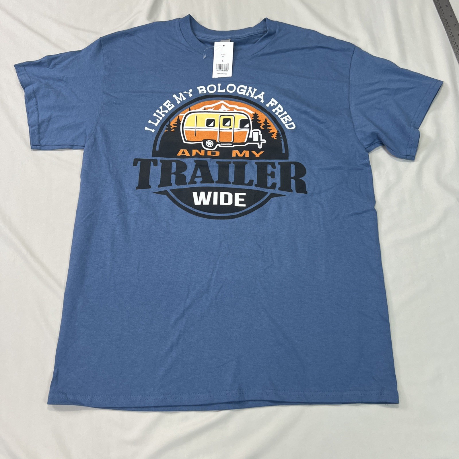 Gildan Tee Mens Large Blue Trailer Redneck Funny Camping Outdoor NWT
