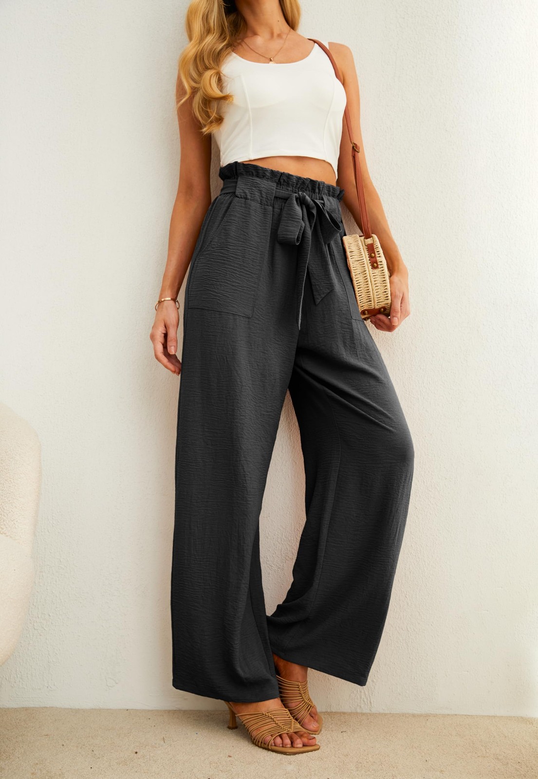 Women's Wide Leg Pants with Pockets High Waist Adjustable Knot Loose Casual T... gallery