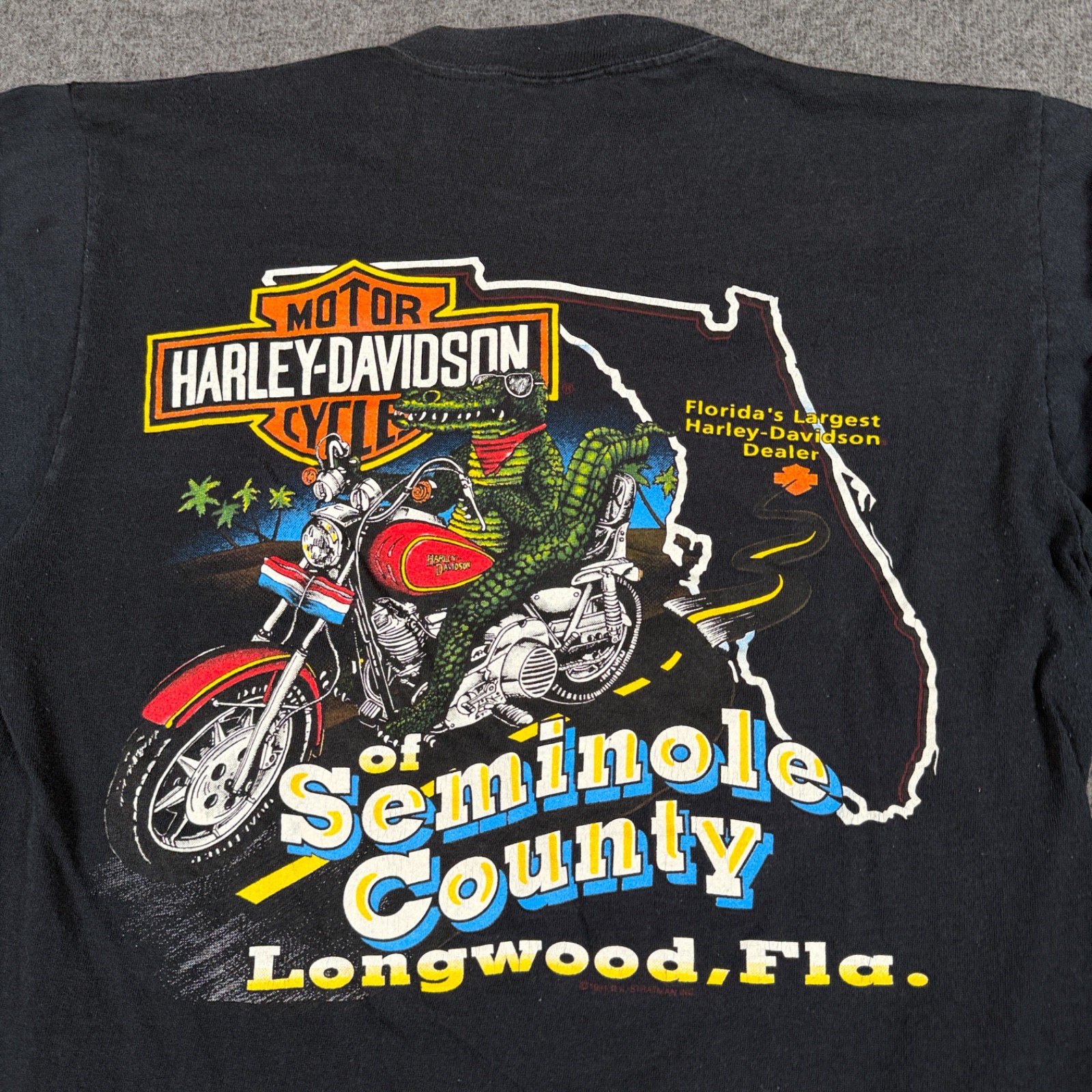 VTG 1991 Harley Davidson Shirt Mens Medium Blue Flames Gator Seminole FL Biker * gallery