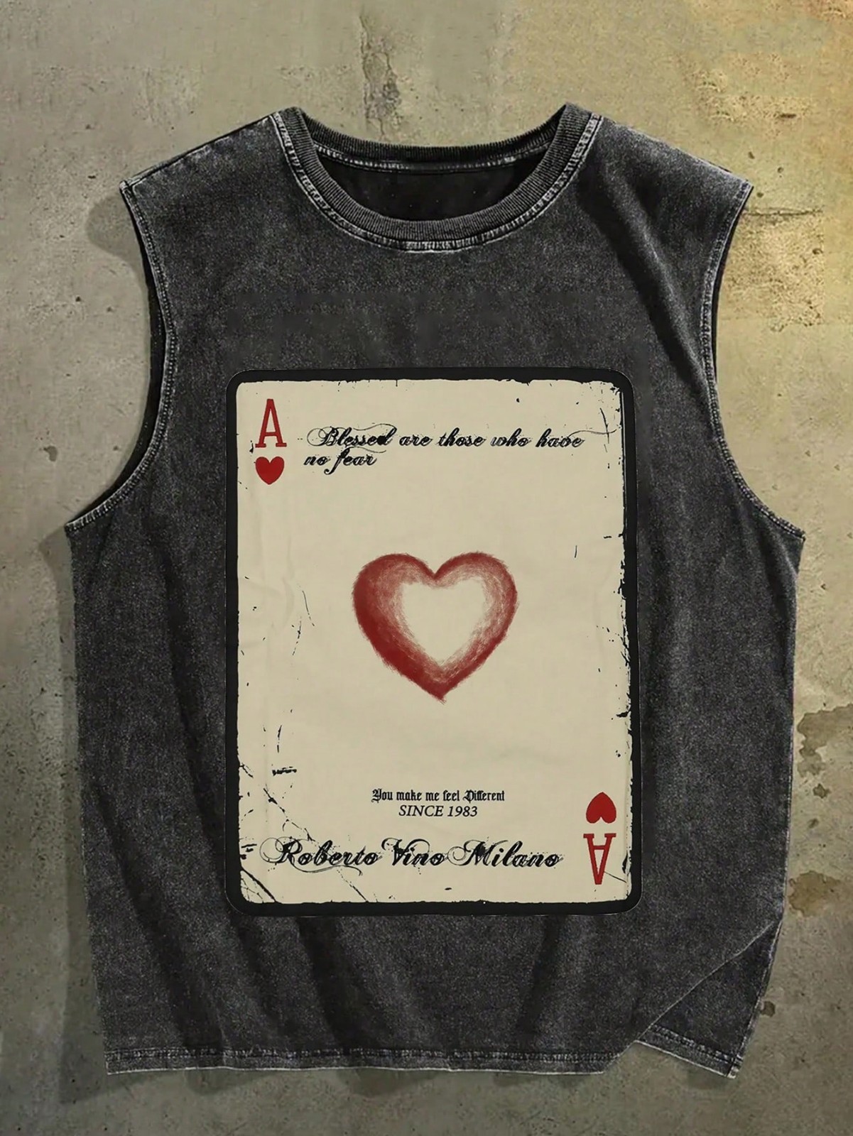 Mens Washed Black Ace of Hearts Vintage Print Sleeveless Tank Top gallery