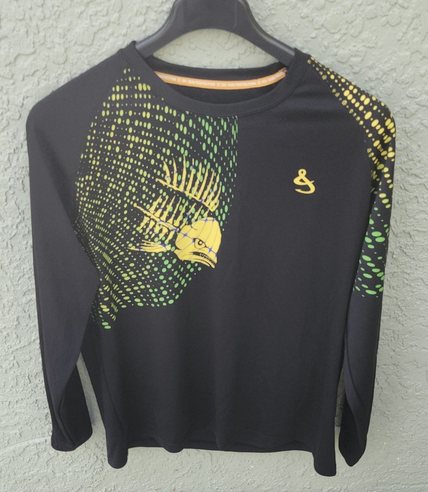 Hook & Tackle Fish Black Green Bull Dolphin L Sleeve T-Shirt 50+ Sun Protection