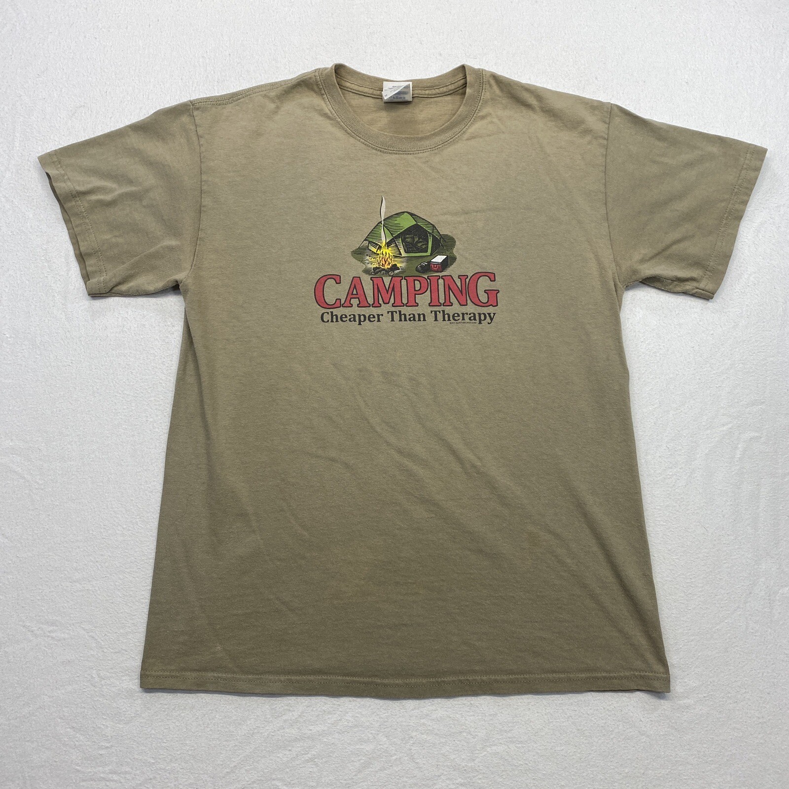Camping Cheaper Than Therapy T Shirt Adult Medium Beige Worn Faded Short Sleeve