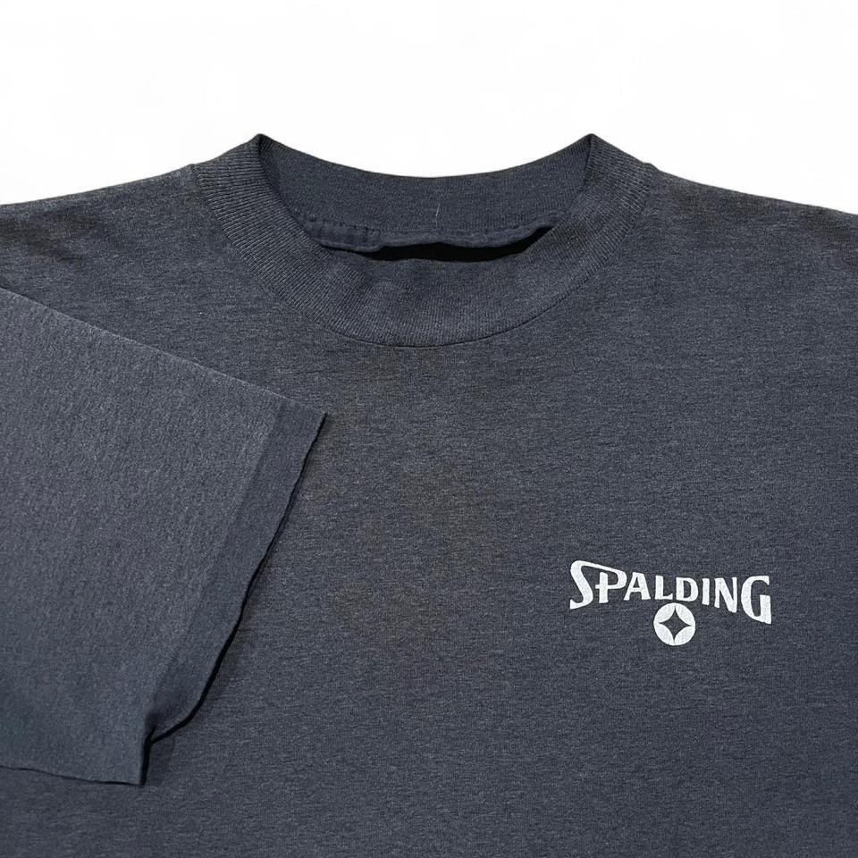 VTG Spalding T-Shirt Men’s M Black Polycotton Spellout Logo Faded 90s