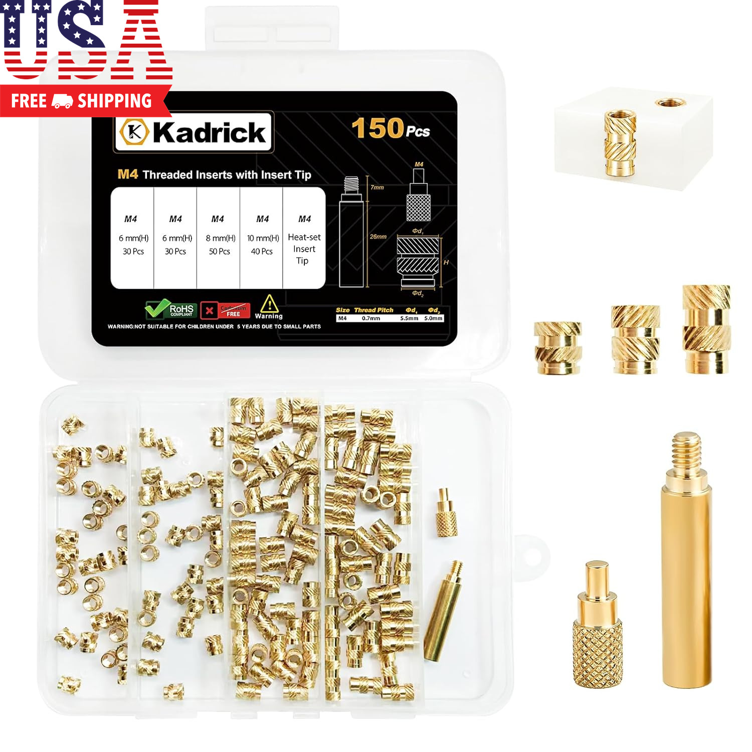 150 Pcs M4 Threaded Inserts for Plastic with Heat Set Tip,M4*(6Mm-10Mm Hight)*5.