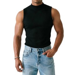 Men Ribbed Sleeveless Tank Top with Half Turtleneck Neckline Casual Vest