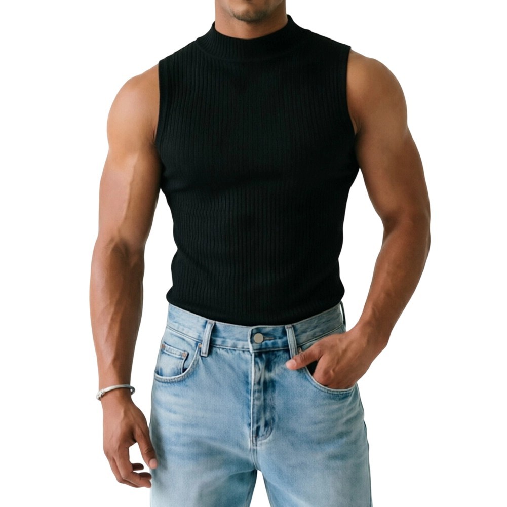 Men Ribbed Sleeveless Tank Top with Half Turtleneck Neckline Casual Vest gallery