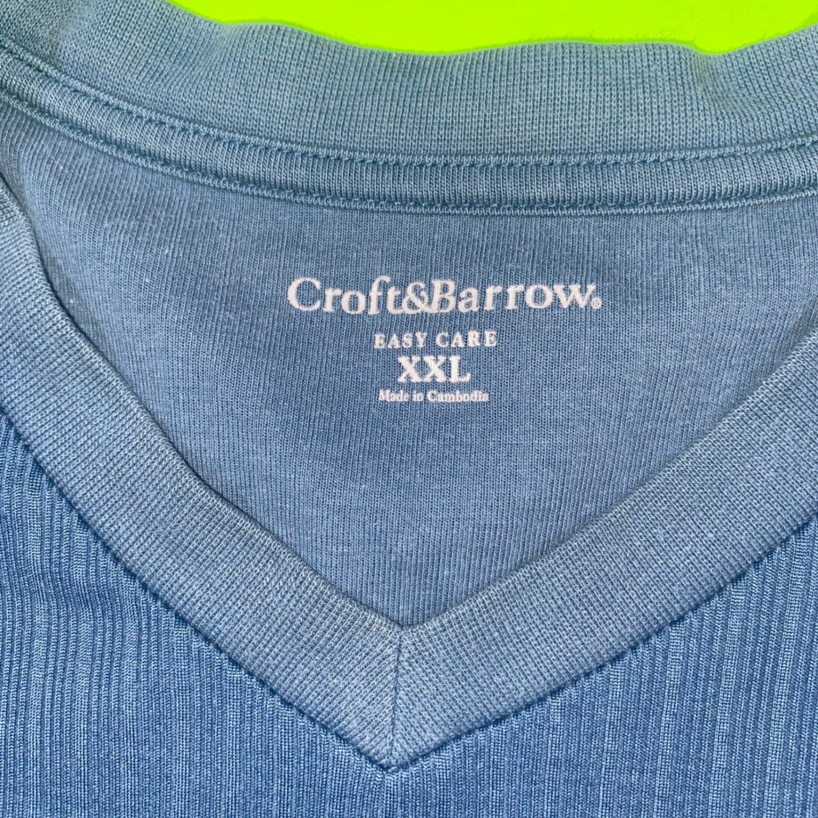 Croft & Barrow Mens XXL Blue Ribbed V-Neck Long Sleeve Easy Care T-Shirt gallery