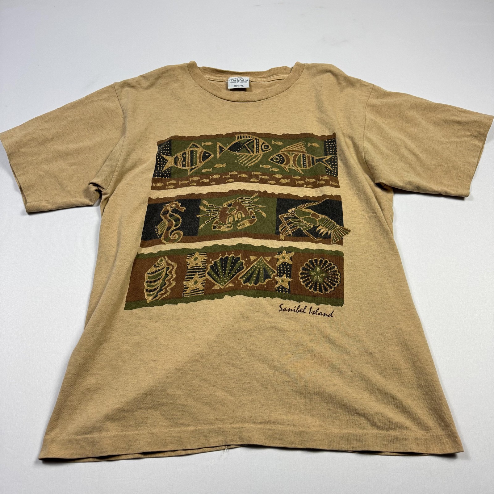 Vintage Sanibel Island Shirt Men Medium Tan Sea Life Graphic Beach Balls Florida gallery
