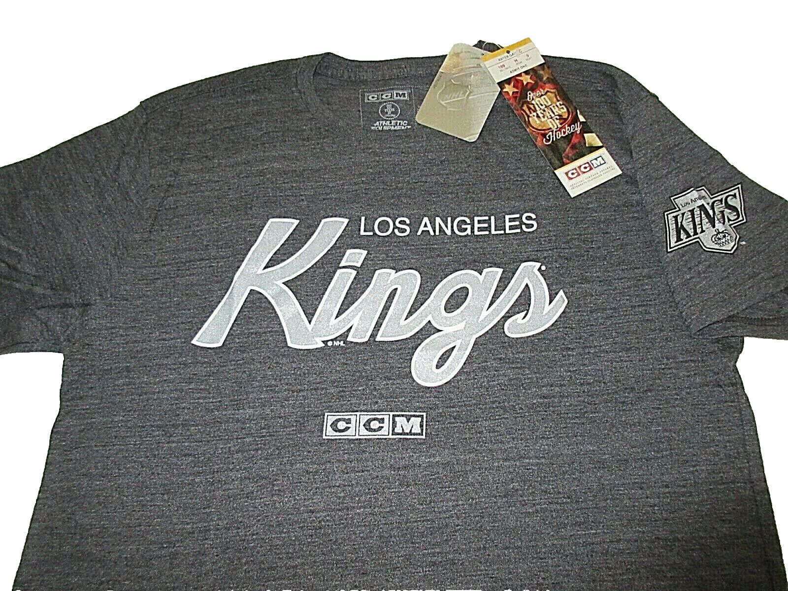 Men's Los Angeles Kings NHL CCM SS Logo T Shirt Grey Silver White Size Small NWT gallery
