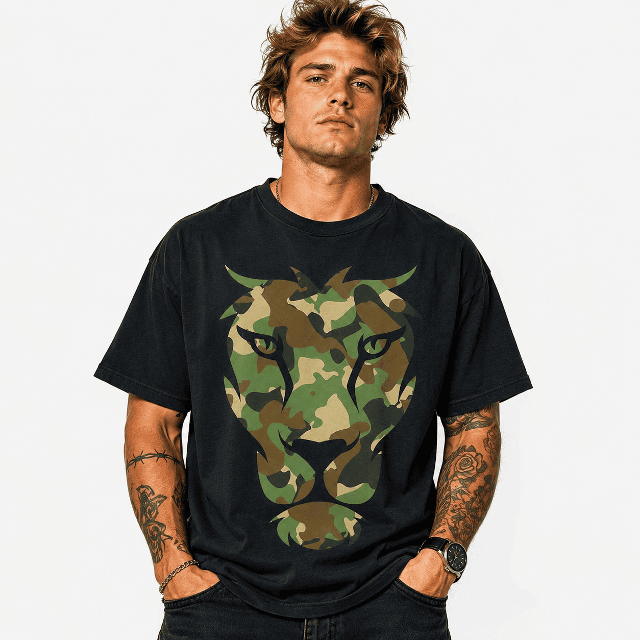 Camo Lion Head Graphic T-Shirt Military Camouflage Animal Print Tee gallery