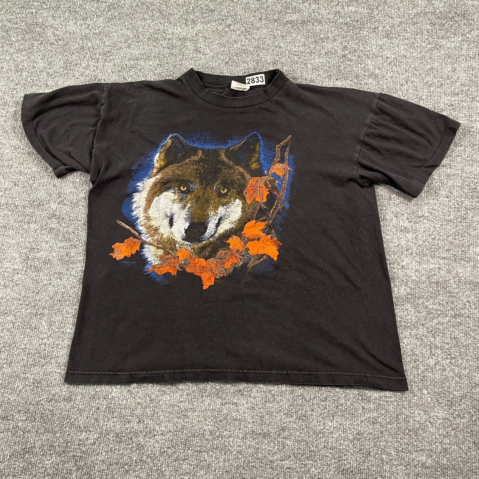 Vintage 90s Springhill Wild Wolf Autumn Art Shirt Large 22×22 Boxy Black
