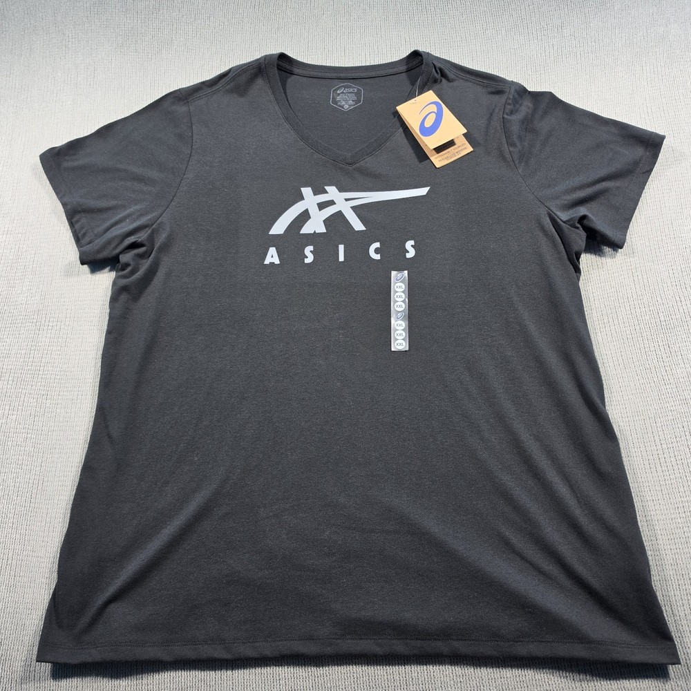 ASICS Stripes V-Neck Short Sleeve Graphic Logo T-Shirt Black XXL Cotton Blend