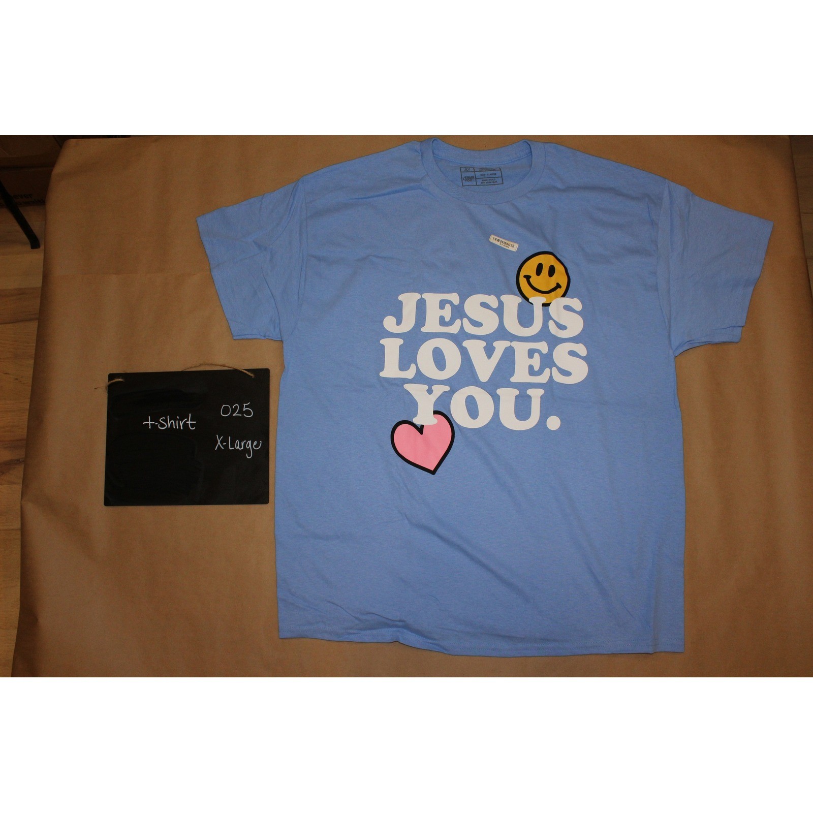 Jesus Loves You Graphic T Shirt XL Blue Smiley Face Heart Christian Tee gallery