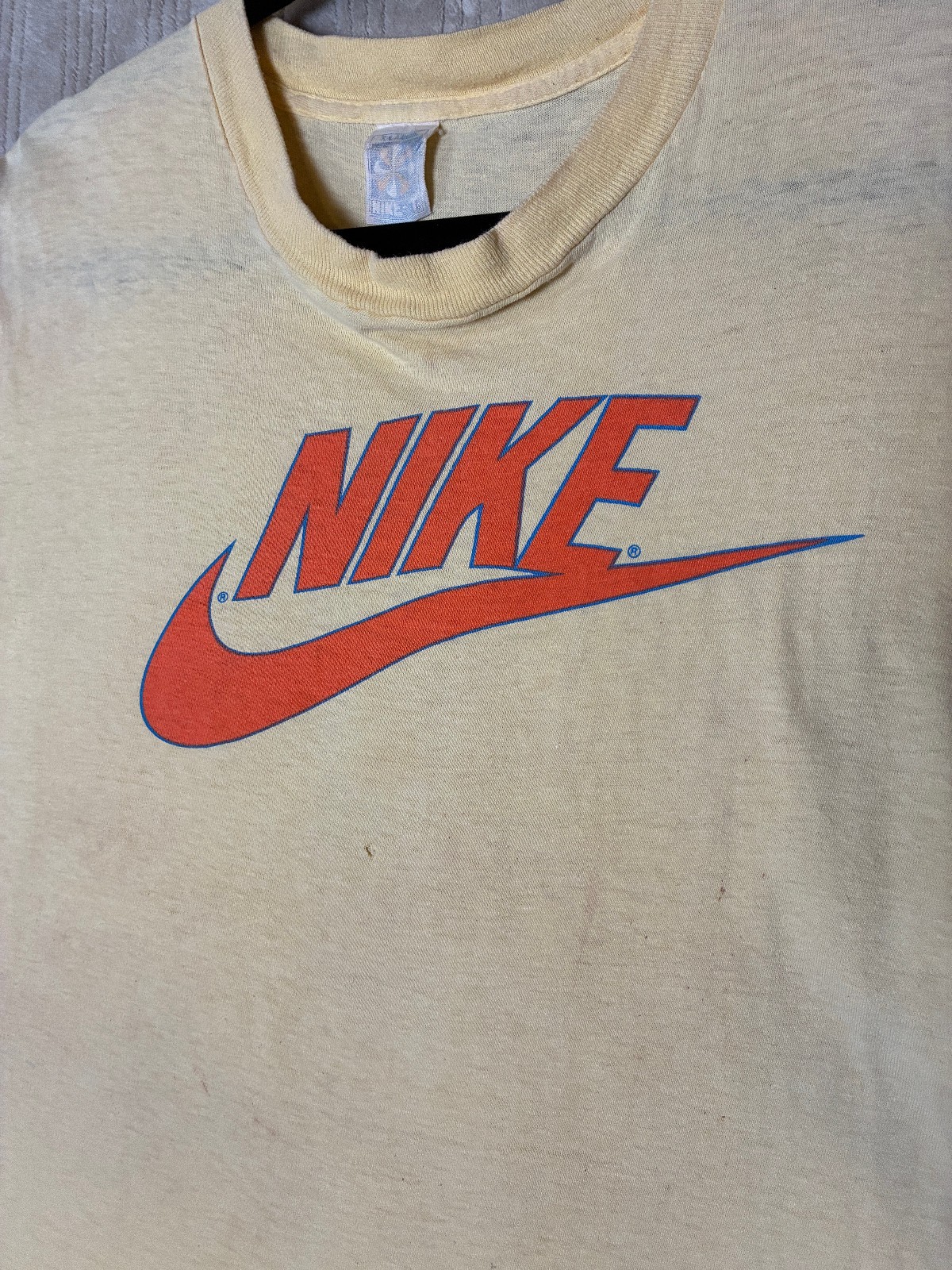 RARE True Vintage Nike 1970's "Pinwheel Tag" T-Shirt Yellow XL Made in USA Faded gallery