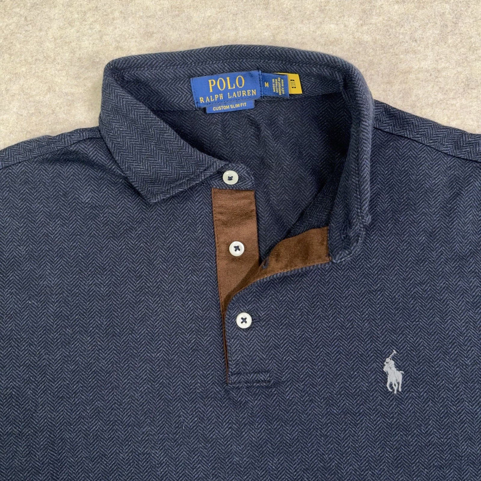 Polo Ralph Lauren Custom Slim Fit Herringbone Polo Long Sleeve Shirt Navy Medium gallery