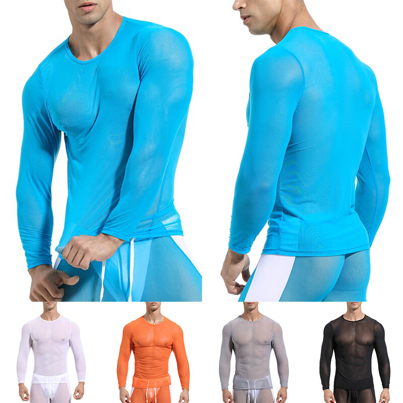 Mens Long Sleeve See Through Mesh T Shirt Sexy Muscle Clubwear Blouse Tops Tee gallery