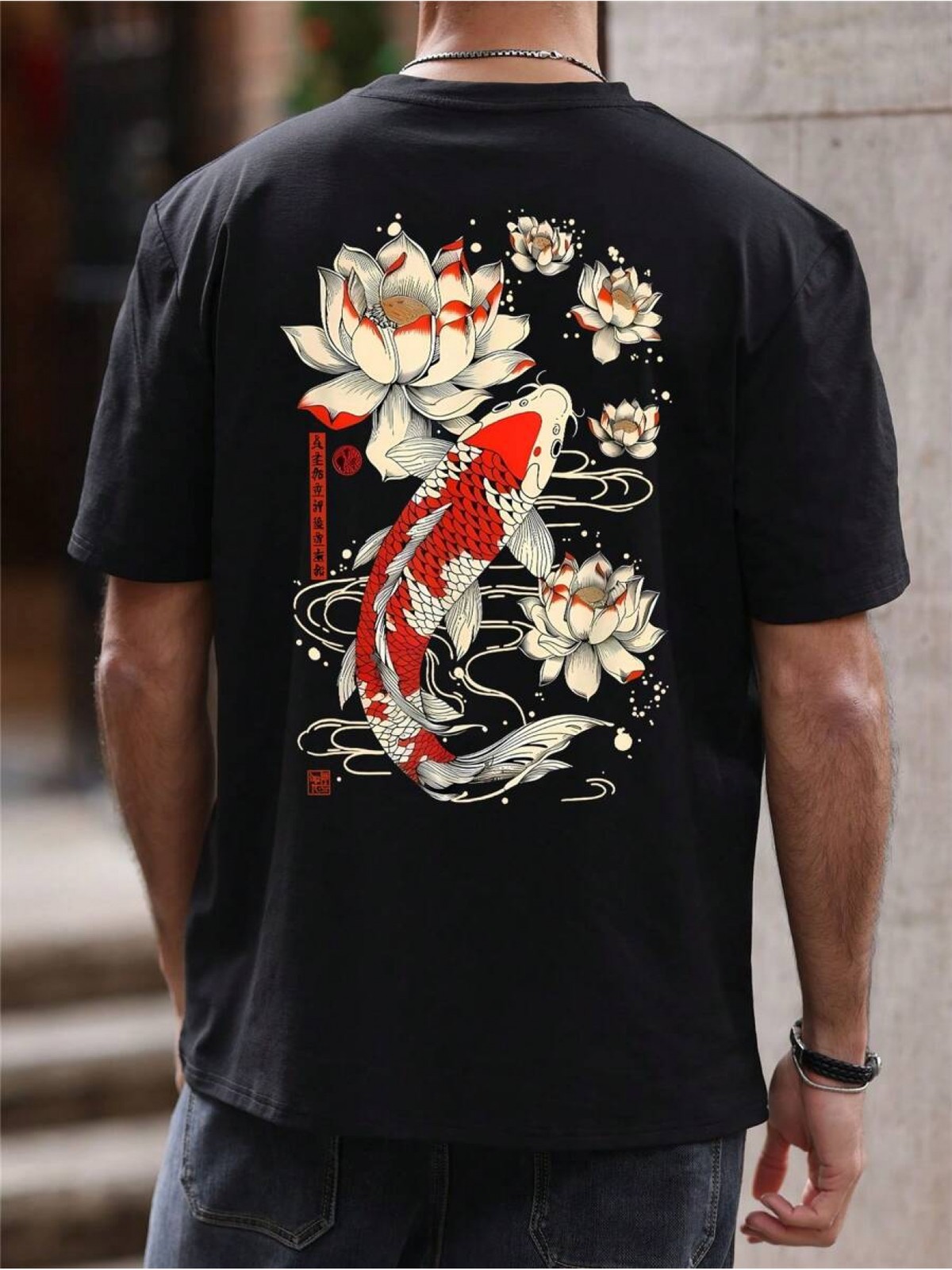 Men'S Casual Short-Sleeve T-Shirt Featuring a Koi Fish And Lotus Flower Print gallery