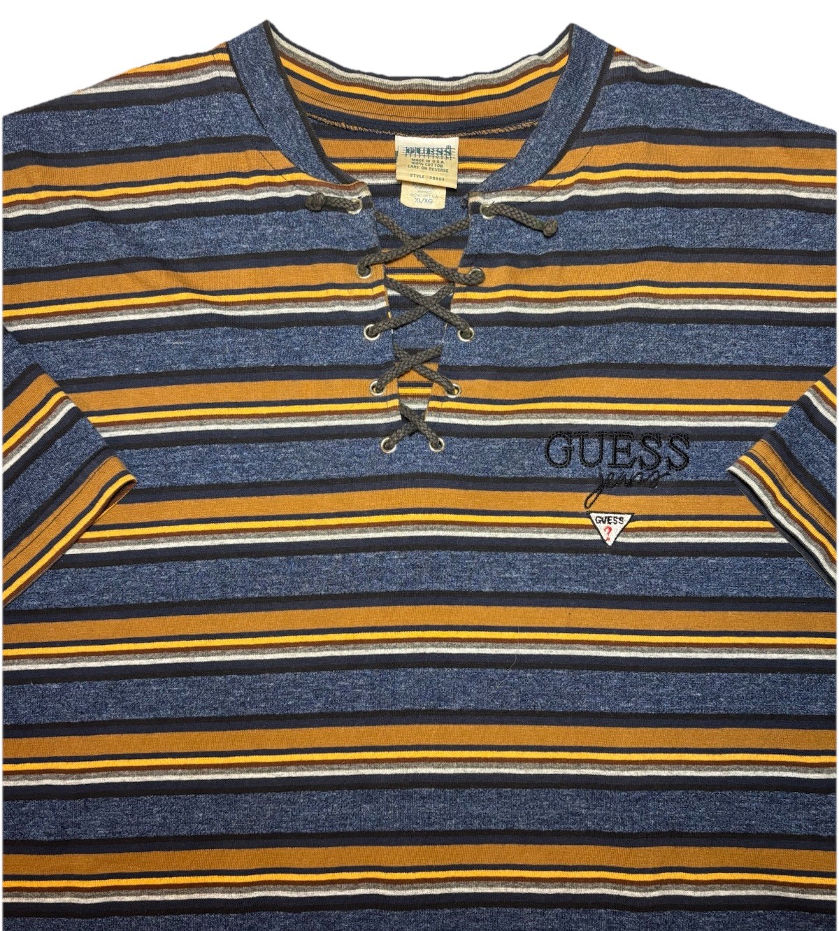 Vintage 90s GUESS Striped Ghillie Neck T Shirt Lace Up USA Made Cotton Men’s XL