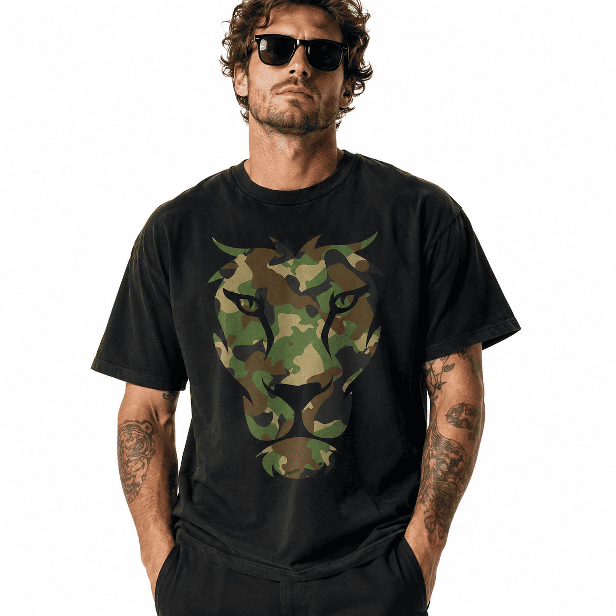 Camo Lion Head Graphic T-Shirt Military Camouflage Animal Print Tee gallery