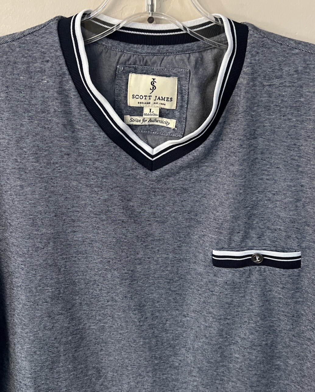 Scott James Men’s Blue Stretch V Neck Shirt W/Button Pocket & Contrasting Trim gallery