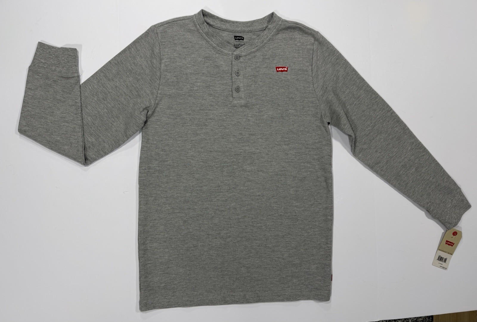 Levi's Men’s Gray Waffle Knit Henley Long Sleeve T-Shirt Logo Buttons XL gallery