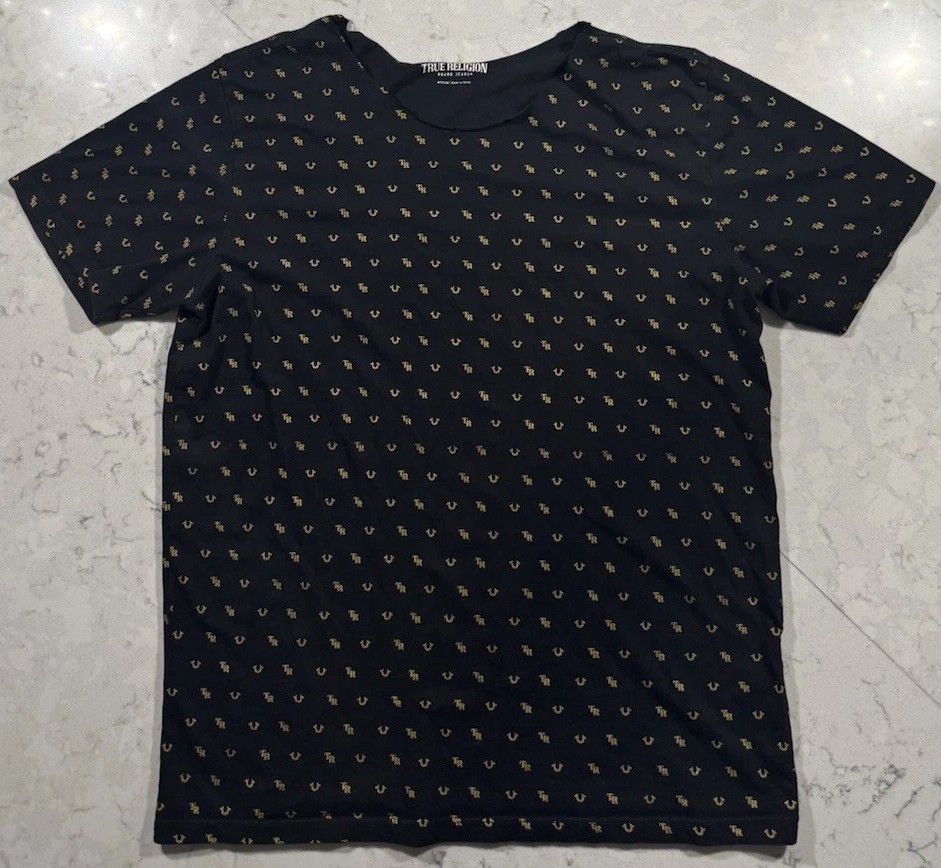 True Religion T-Shirt Mens Medium Black Gold All Over Monogram Signature Logo