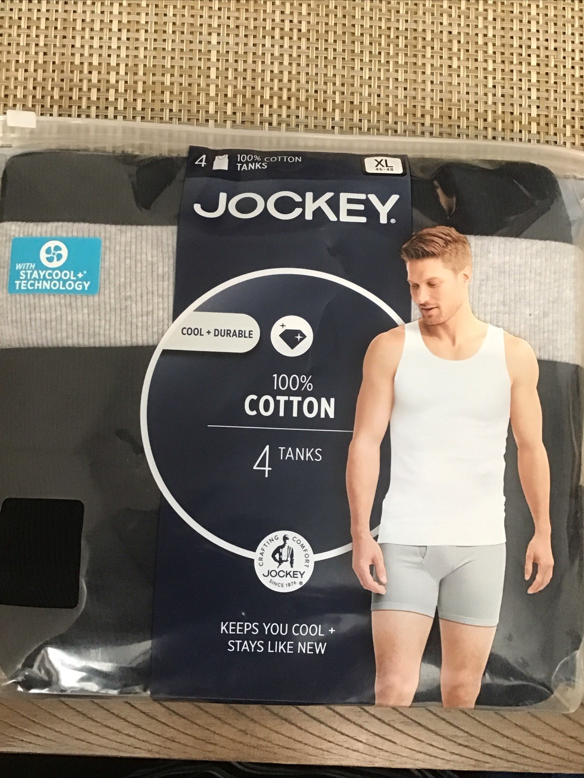 Jockey 4 Cotton Tanks Black /Gray XL 46-48 Brand New Sealed