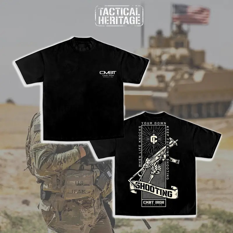 COMBAT IRON APPAREL Keep Shooting Rifle Banner Double-Sided T-Shirt, Vintage Fir