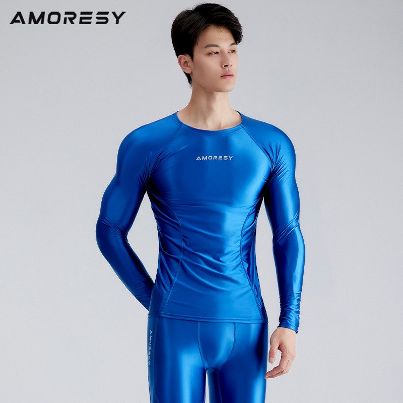 AMORESY Men Glossy Satin Oil Long-Sleeve Fitness T-Shirt Round Neck Running Tops gallery