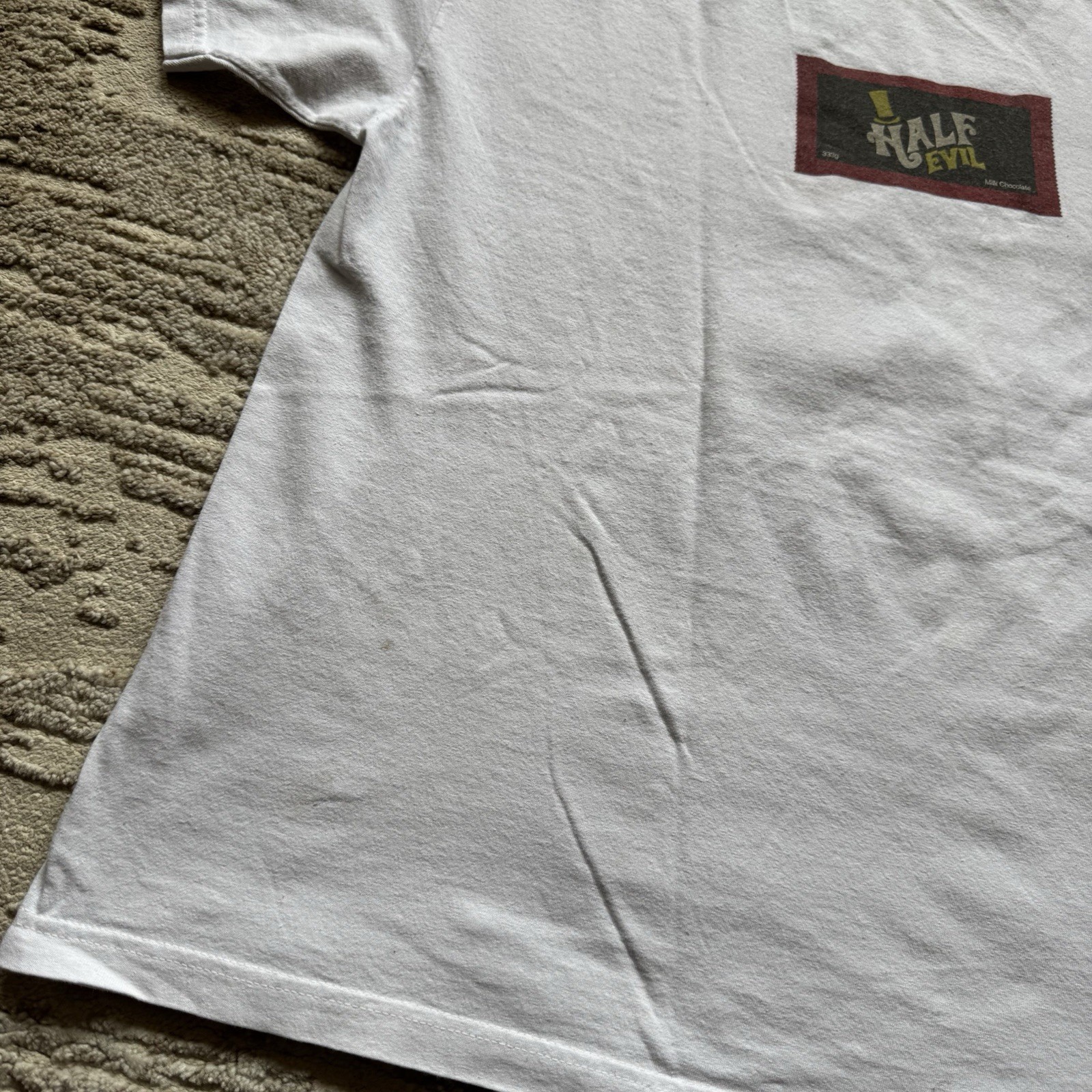 Half Evil Charlie Chocolate Bar Factory Parody Mens XL White Golden Ticket Candy gallery