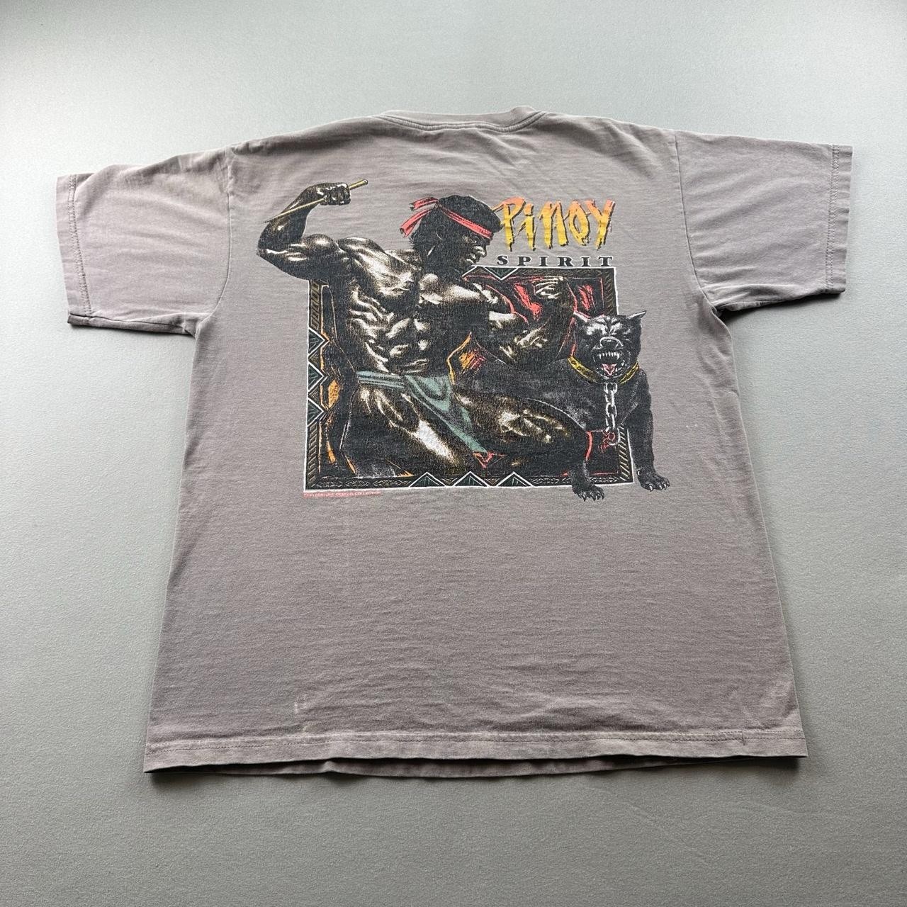 Vintage Filipino Strength T-Shirt Mens Medium Beige Pinoy Spirit Dog Warrior 90s