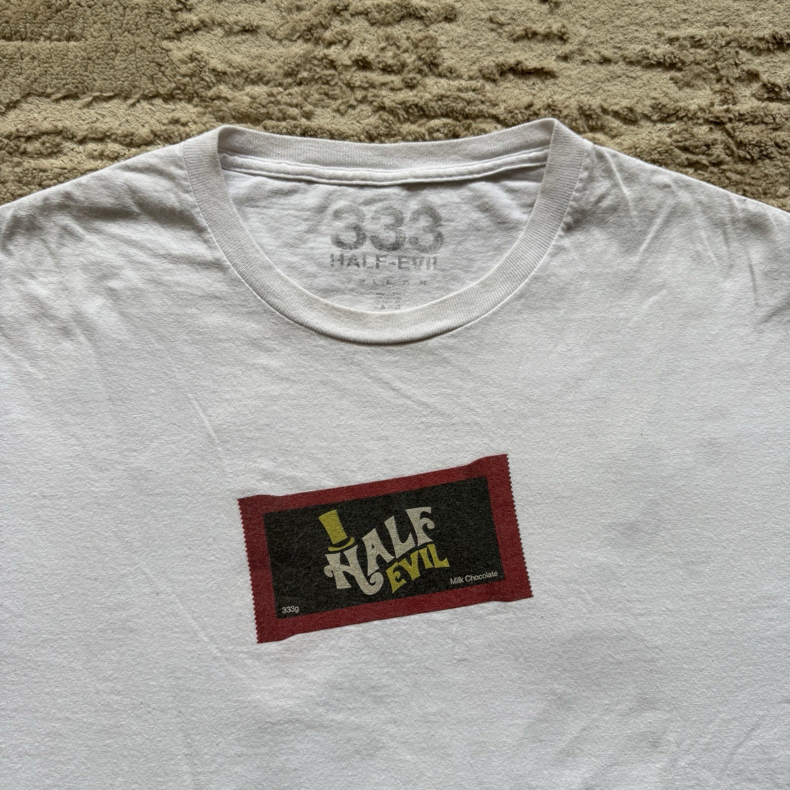 Half Evil Charlie Chocolate Bar Factory Parody Mens XL White Golden Ticket Candy gallery