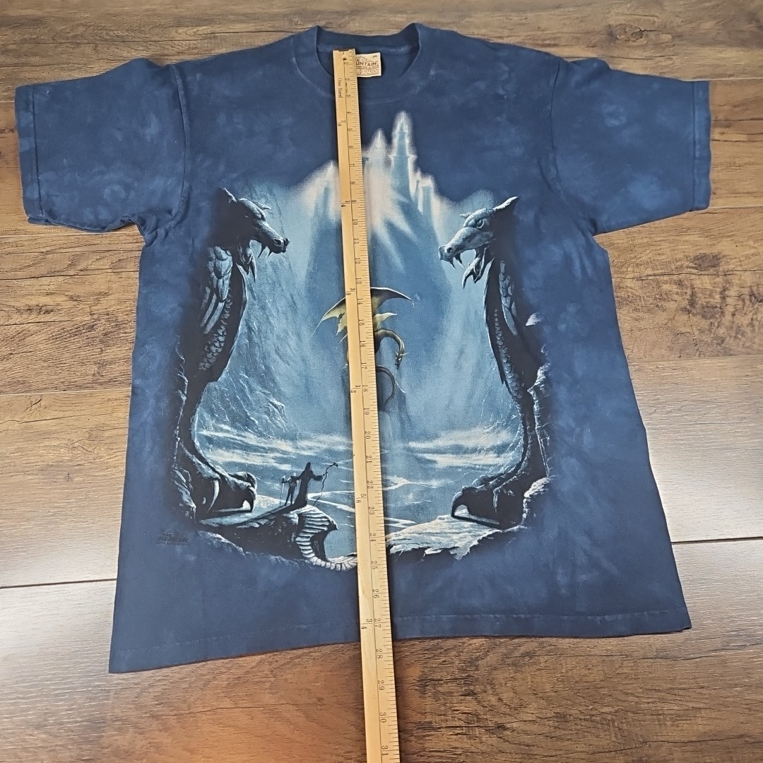 Vintage The Mountain T Shirt Men's Medium Blue Dragon Wizard Leather Tag gallery