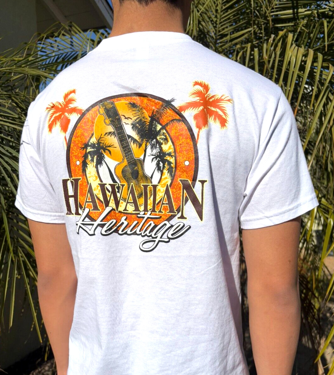 Hawaiian Style Heritage Sunset Palm Tree Surfboard Men Women White Cotton Tee