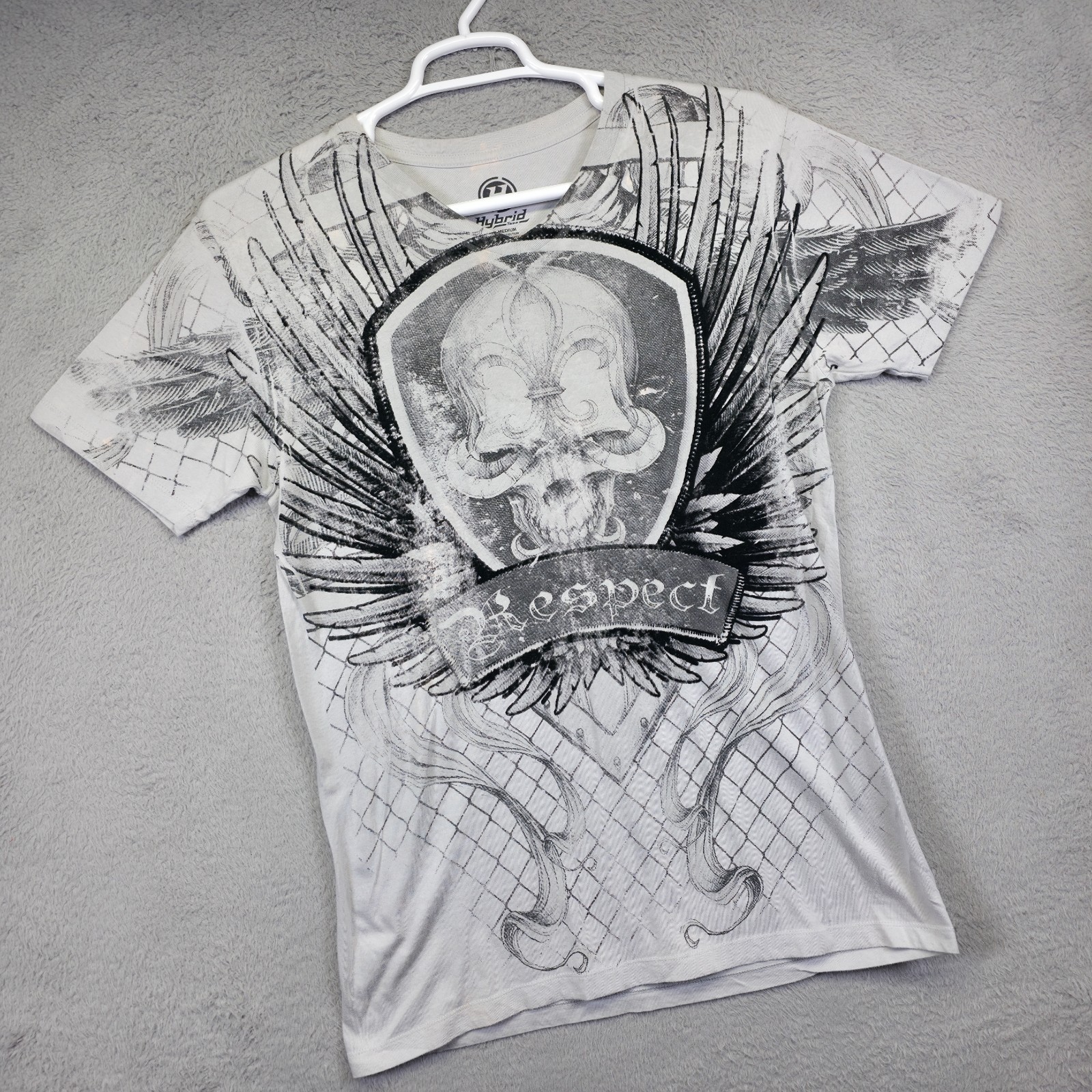 Y2K Hybrid Tee Mens M Gray Skull Angel Wings Tattoo Rock Punk Biker Grunge Shirt