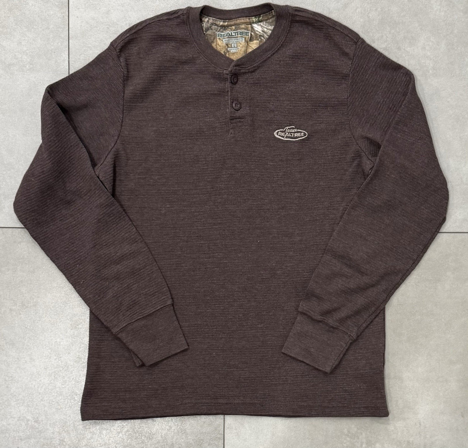 Realtree Waffle Knit Thermal Henley Long Sleeve Shirt Crew Neck Mens L gallery