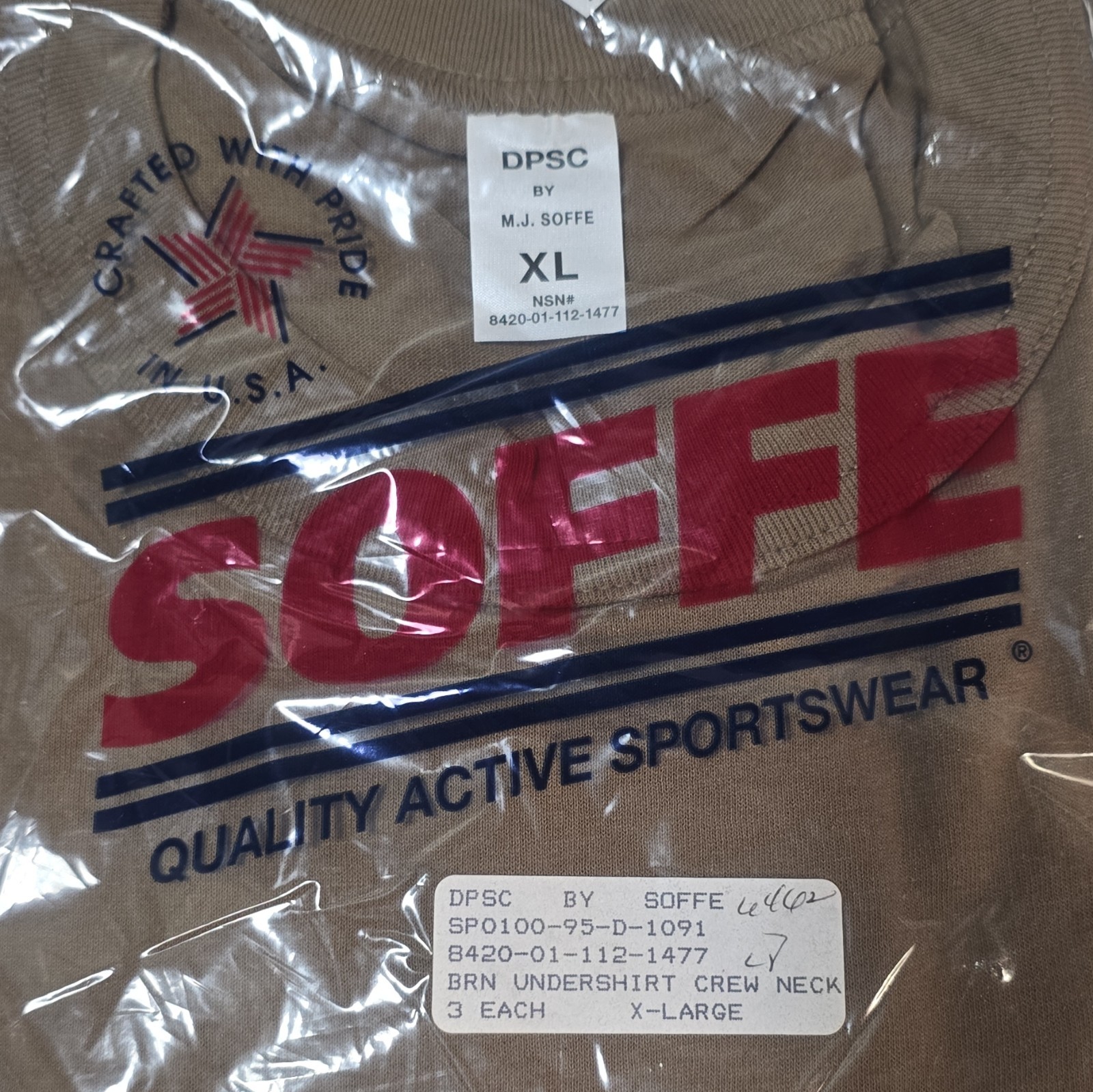 M.J. Soffe DPSC Men’s Brown Crew Neck Undershirt T-Shirt, Size XL Regular