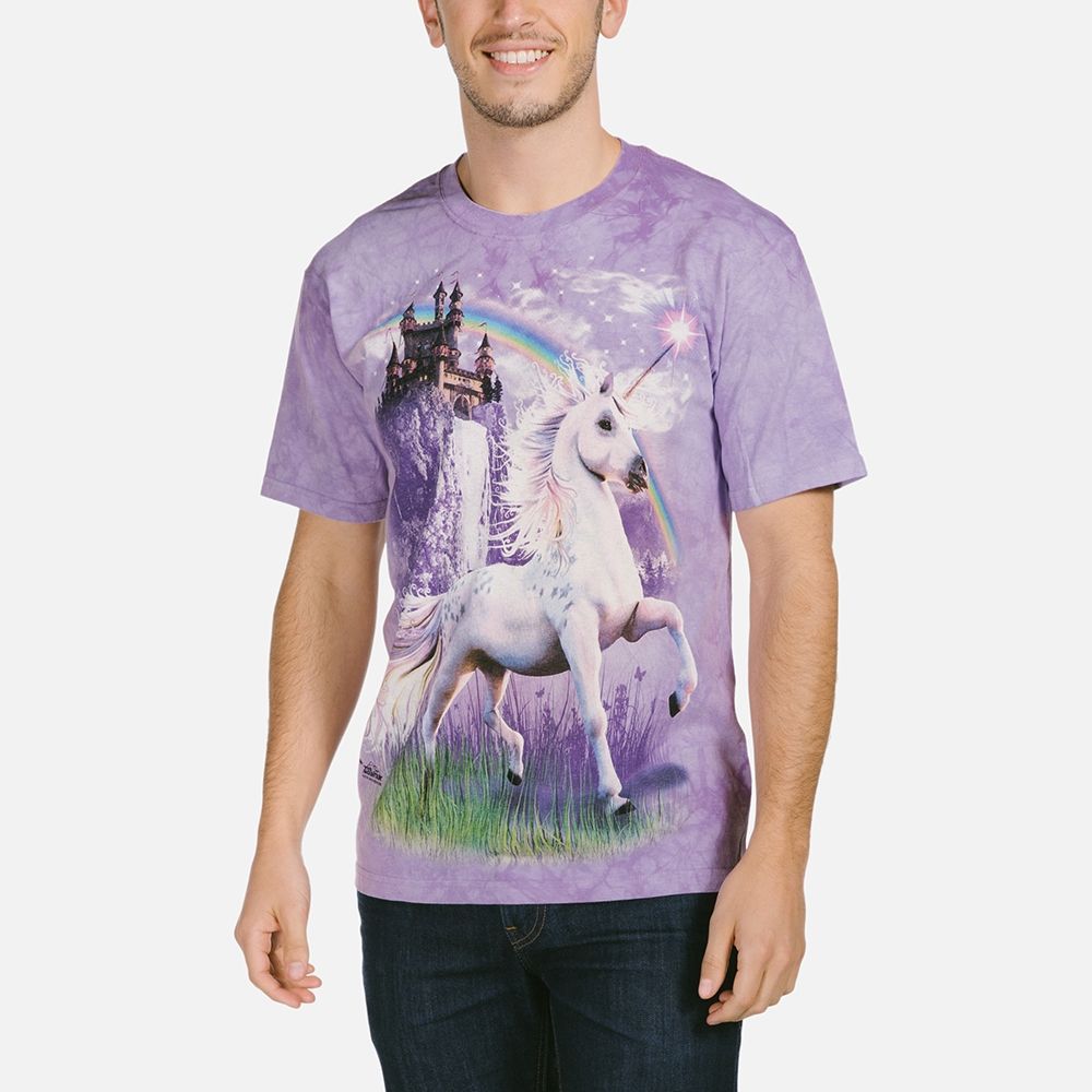 Unicorn Castle Purple Fantasy Rainbow Adult T-Shirt Mountain Horses Animal S-5X gallery