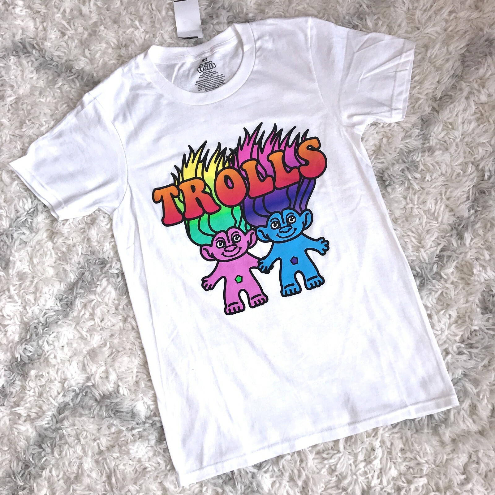 TROLLS T-SHIRT white multicolor neon retro 90s funny big logo ADULT UNISEX s, xl